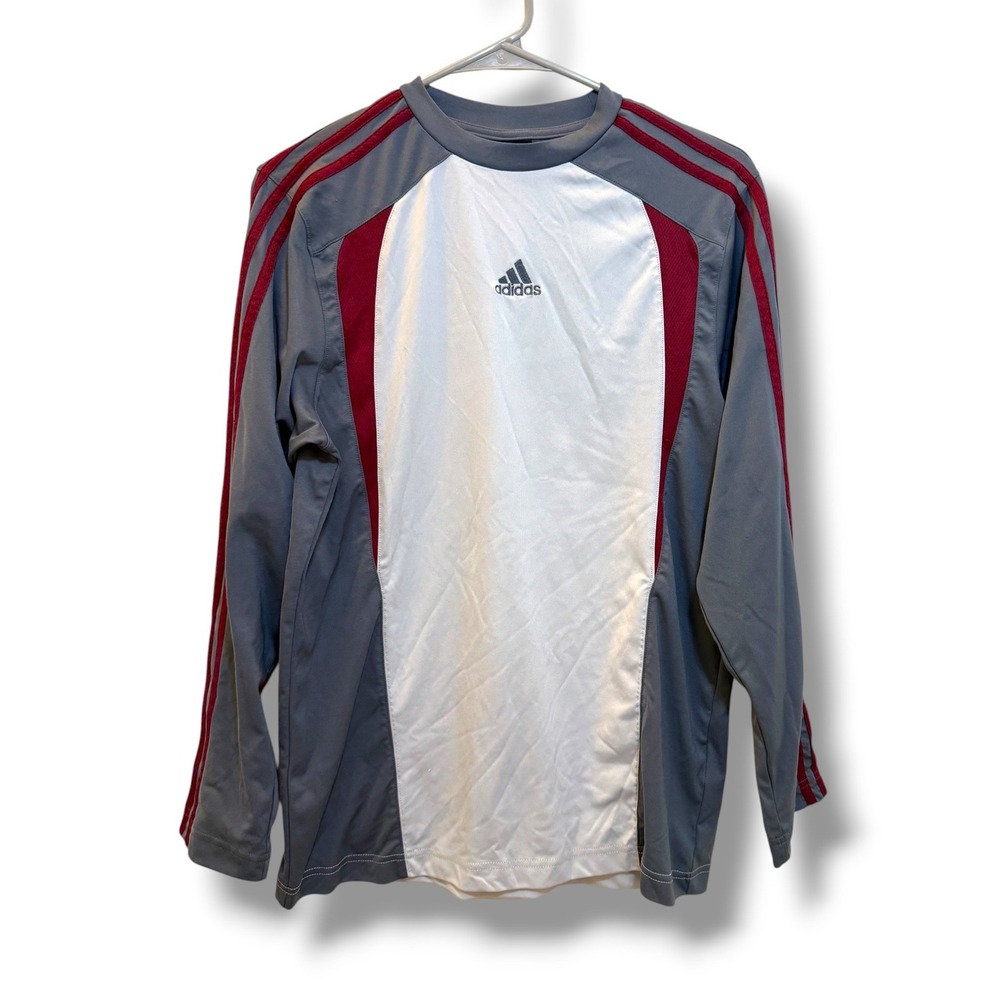 Adidas Training Shirt Boys XL Gray White Red Long Sleeve 3 Stripe Soccer Top